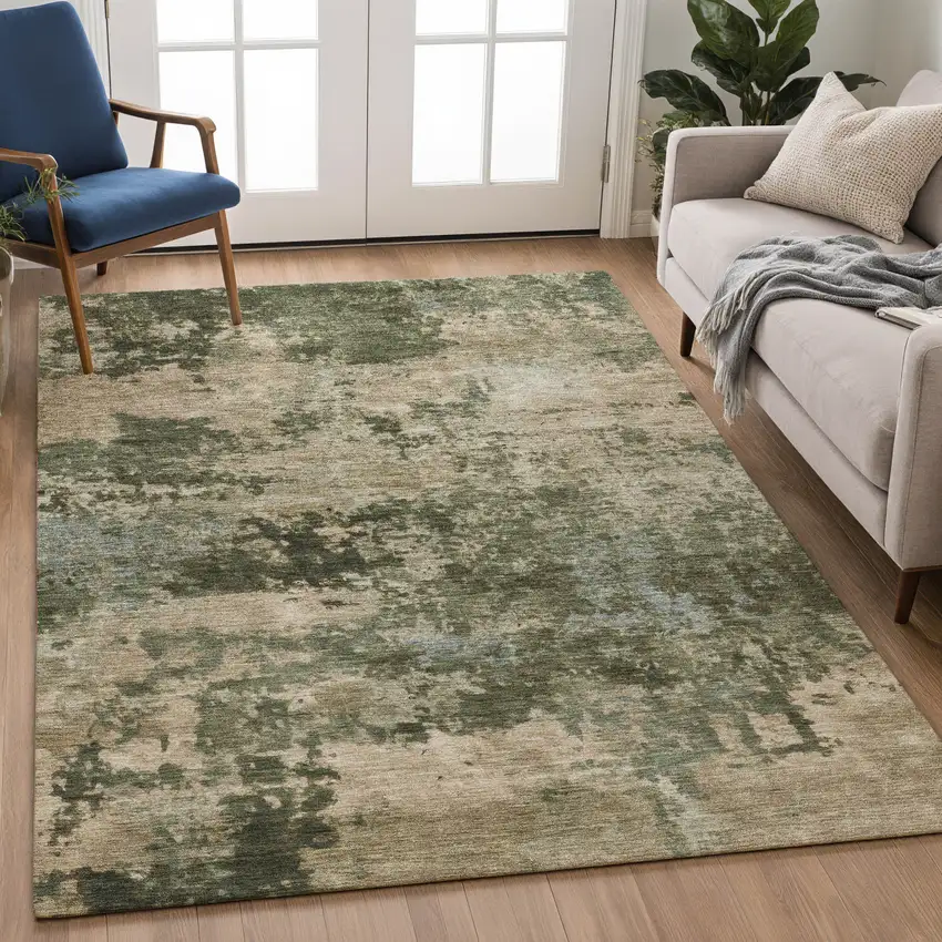 Olive Green And Beige Abstract Washable Indoor Outdoor Area Rug Photo 5
