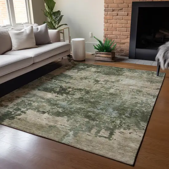 Olive Green And Beige Abstract Washable Indoor Outdoor Area Rug Photo 6