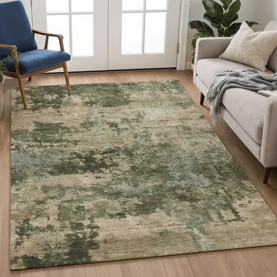 Olive Green And Beige Abstract Washable Indoor Outdoor Area Rug Photo 5