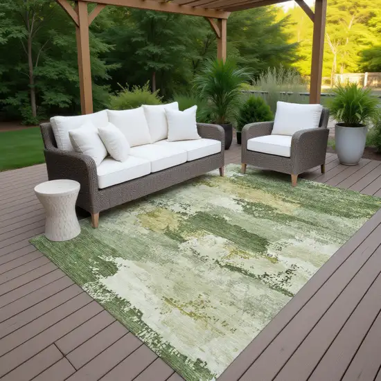 Olive Green And Beige Abstract Washable Indoor Outdoor Area Rug Photo 5