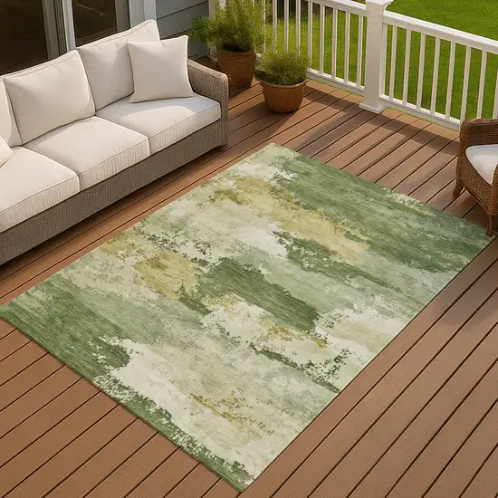 Olive Green And Beige Abstract Washable Indoor Outdoor Area Rug Photo 2