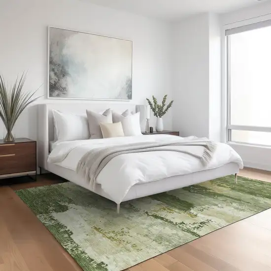 Olive Green And Beige Abstract Washable Indoor Outdoor Area Rug Photo 4