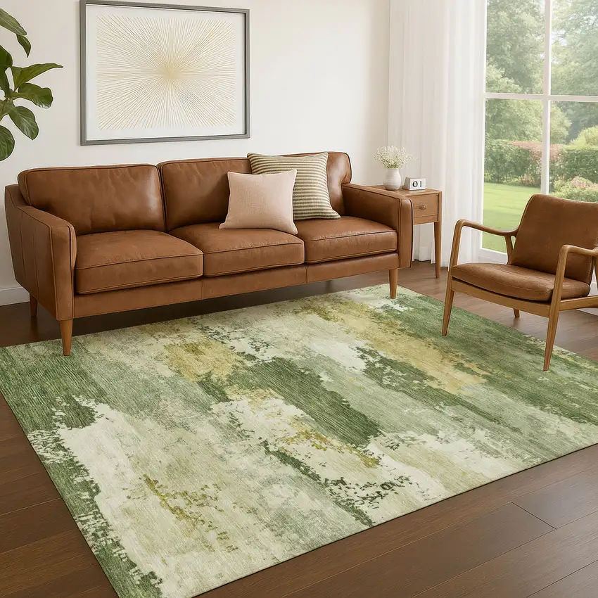 Olive Green And Beige Abstract Washable Indoor Outdoor Area Rug Photo 3