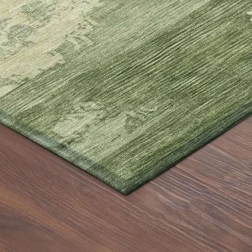 Olive Green And Beige Abstract Washable Indoor Outdoor Area Rug Photo 9