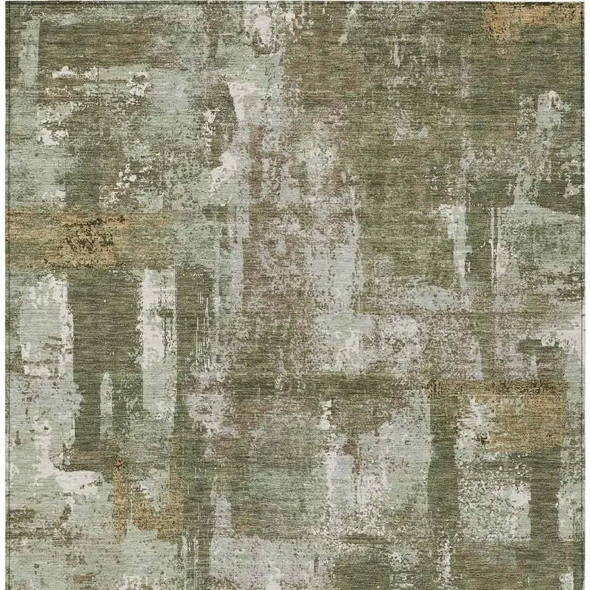 Olive Green And Beige Abstract Washable Indoor Outdoor Area Rug Photo 6