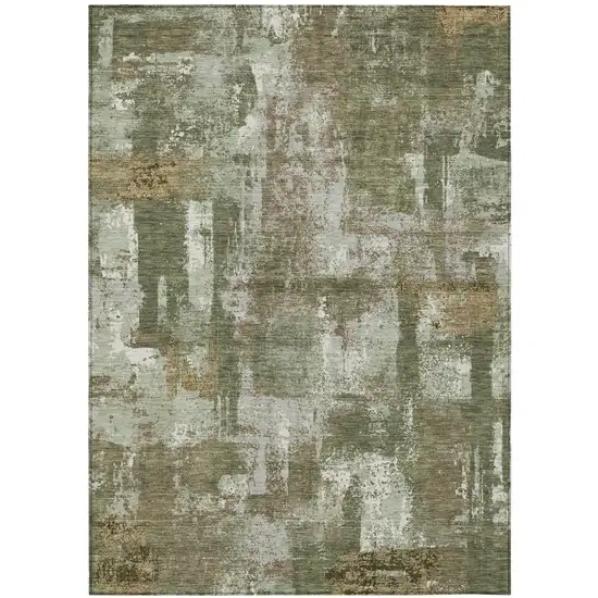 Olive Green And Beige Abstract Washable Indoor Outdoor Area Rug Photo 2