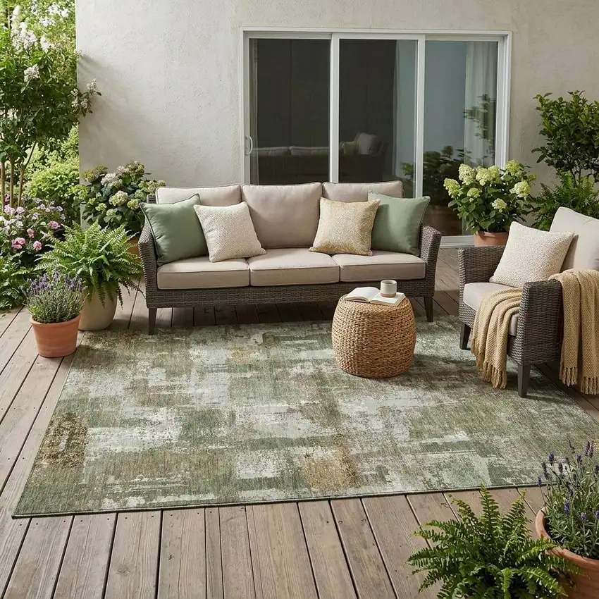 Olive Green And Beige Abstract Washable Indoor Outdoor Area Rug Photo 1