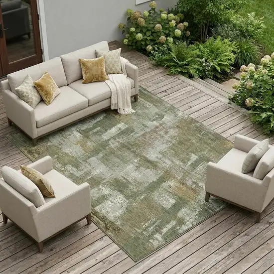 Olive Green And Beige Abstract Washable Indoor Outdoor Area Rug Photo 1