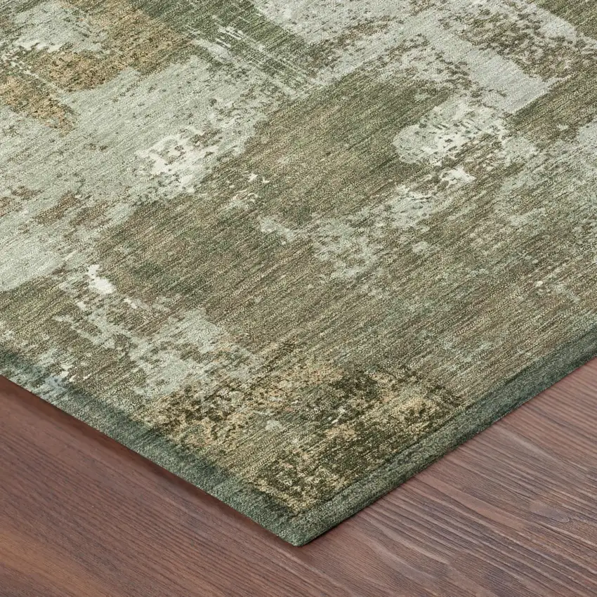 Olive Green And Beige Abstract Washable Indoor Outdoor Area Rug Photo 7