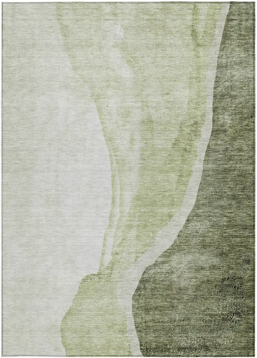 Olive Green And Beige Abstract Washable Indoor Outdoor Area Rug Photo 7