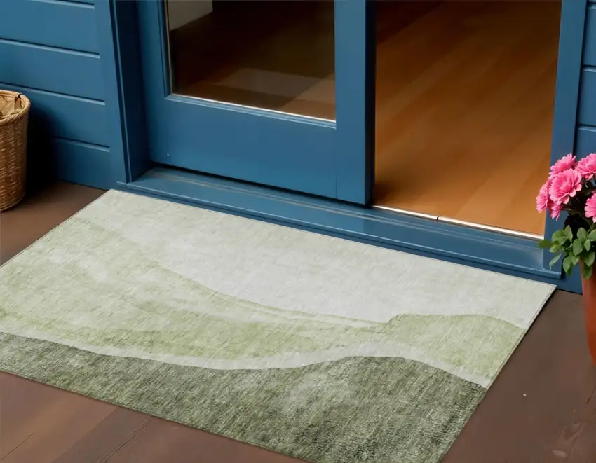 Olive Green And Beige Abstract Washable Indoor Outdoor Area Rug Photo 1