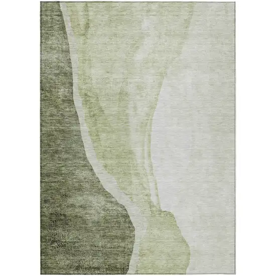 Olive Green And Beige Abstract Washable Indoor Outdoor Area Rug Photo 2