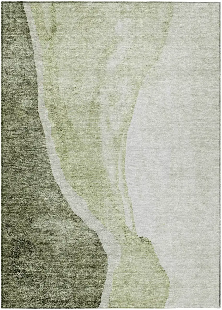 Olive Green And Beige Abstract Washable Indoor Outdoor Area Rug Photo 2