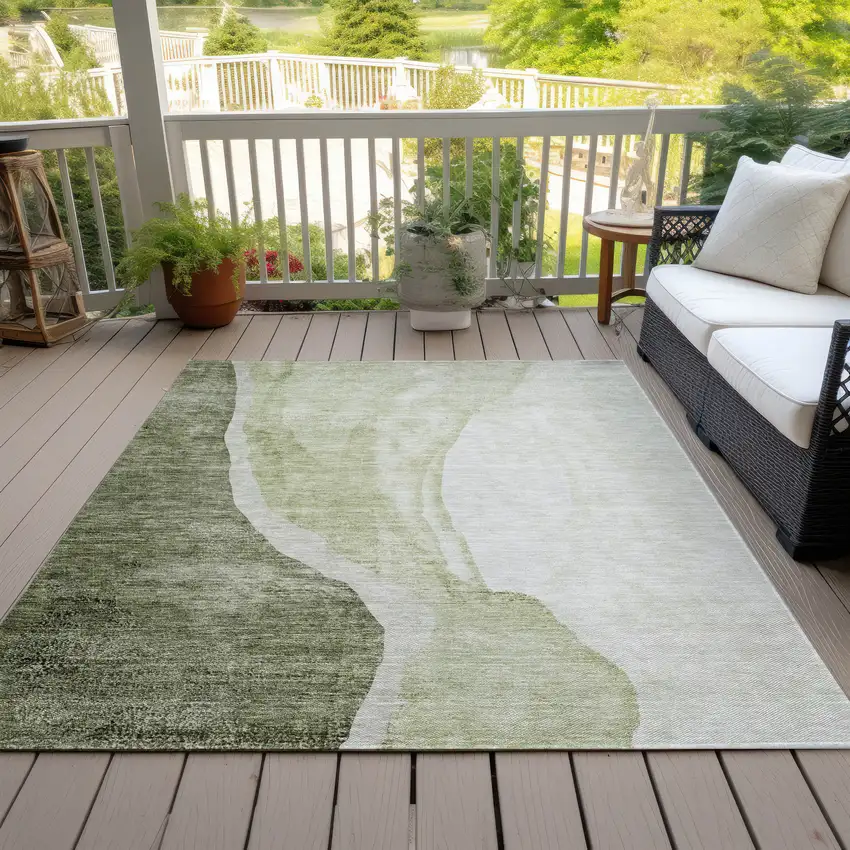 Olive Green And Beige Abstract Washable Indoor Outdoor Area Rug Photo 8