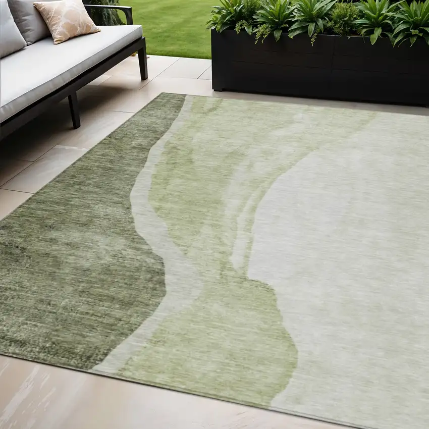 Olive Green And Beige Abstract Washable Indoor Outdoor Area Rug Photo 1