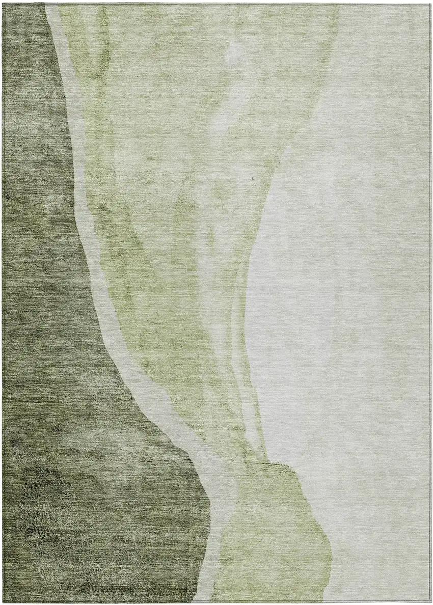 Olive Green And Beige Abstract Washable Indoor Outdoor Area Rug Photo 2