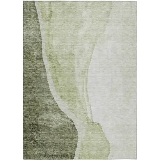 Olive Green And Beige Abstract Washable Indoor Outdoor Area Rug Photo 2