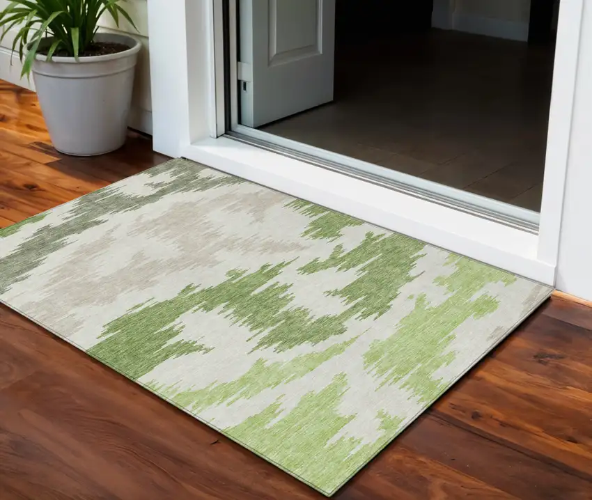 Olive Green And Beige Abstract Washable Indoor Outdoor Area Rug Photo 1