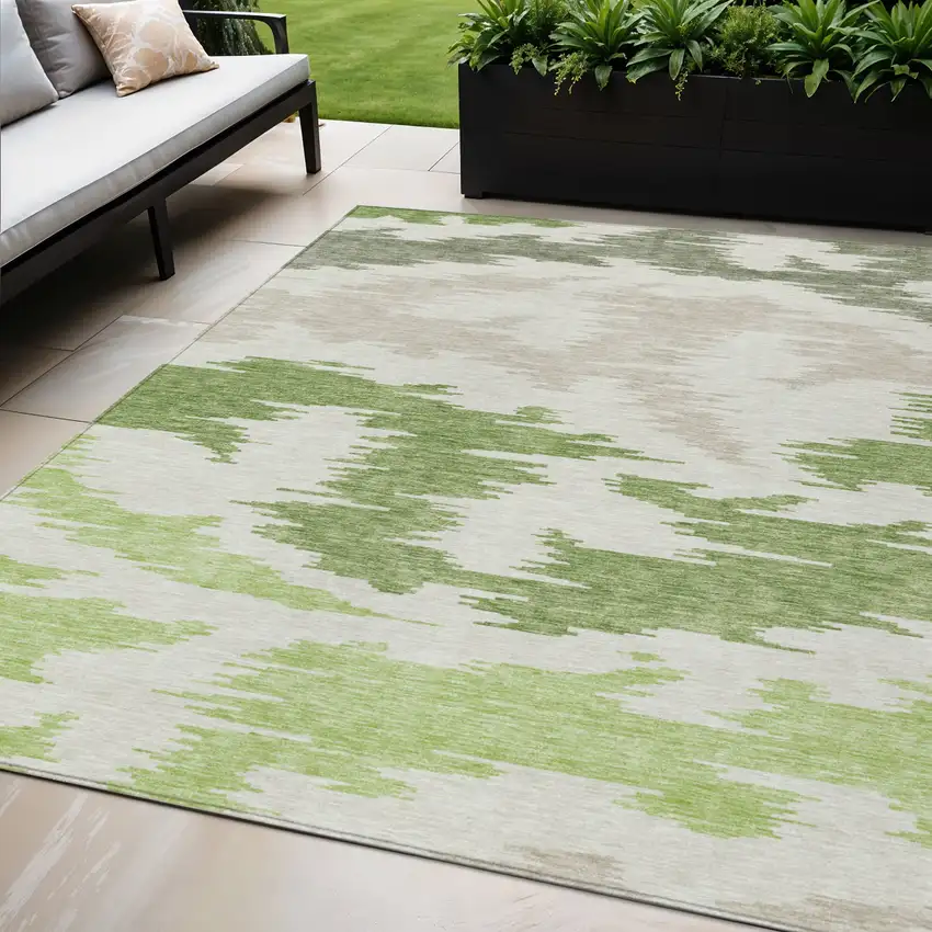 Olive Green And Beige Abstract Washable Indoor Outdoor Area Rug Photo 1