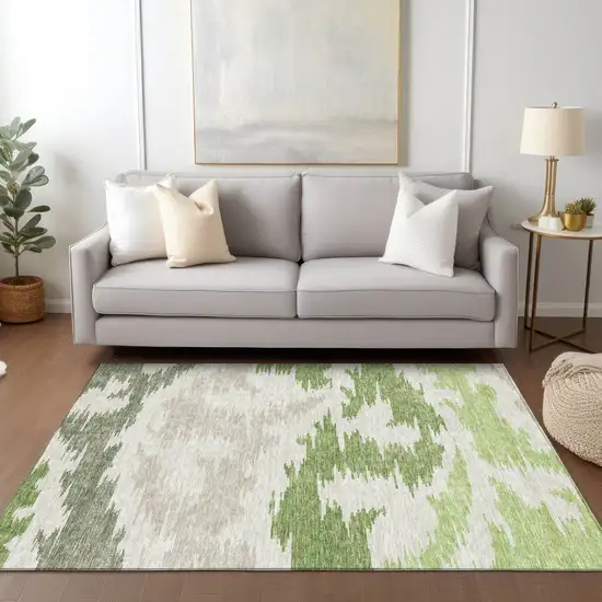 Olive Green And Beige Abstract Washable Indoor Outdoor Area Rug Photo 8