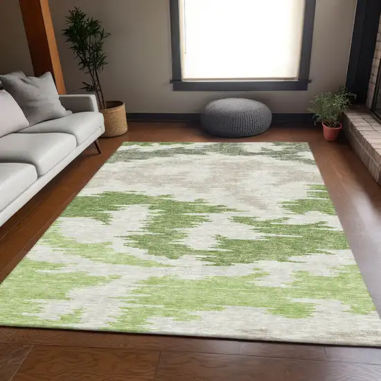 Olive Green And Beige Abstract Washable Indoor Outdoor Area Rug Photo 7