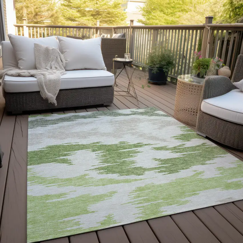 Olive Green And Beige Abstract Washable Indoor Outdoor Area Rug Photo 9