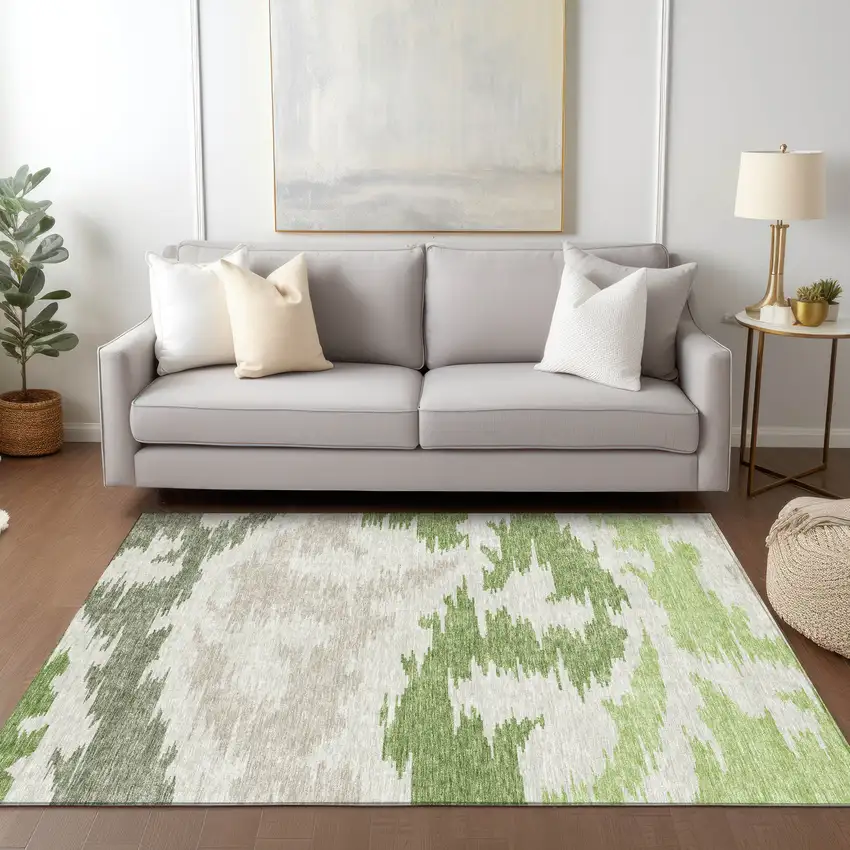 Olive Green And Beige Abstract Washable Indoor Outdoor Area Rug Photo 8