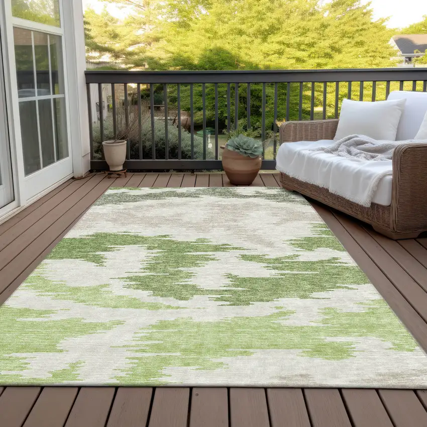 Olive Green And Beige Abstract Washable Indoor Outdoor Area Rug Photo 6