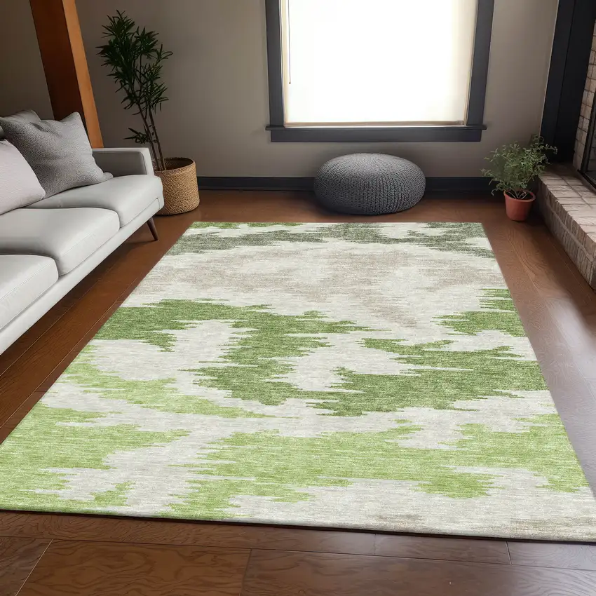 Olive Green And Beige Abstract Washable Indoor Outdoor Area Rug Photo 7