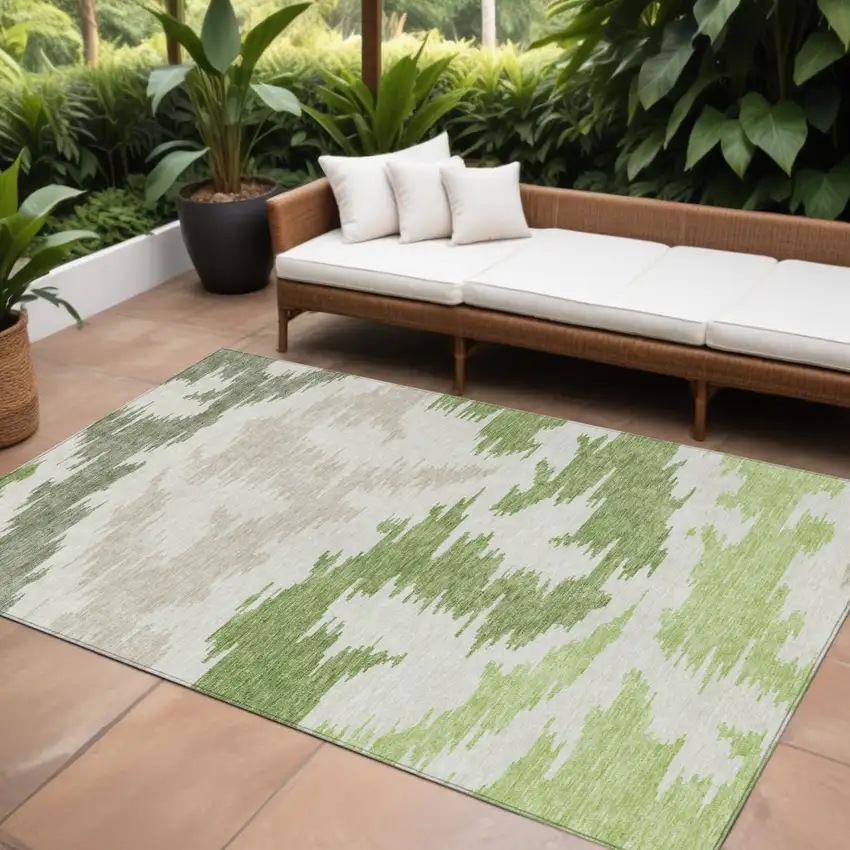 Olive Green And Beige Abstract Washable Indoor Outdoor Area Rug Photo 1