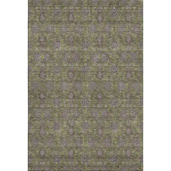 Olive Green And Beige Floral Washable Area Rug With UV Protection Photo 1