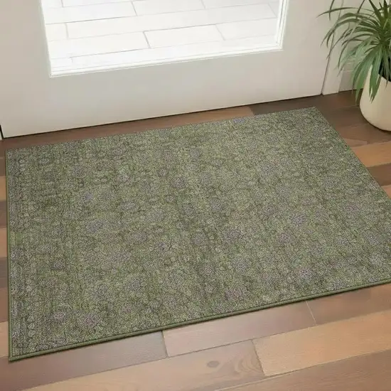 Olive Green And Beige Floral Washable Area Rug With UV Protection Photo 1