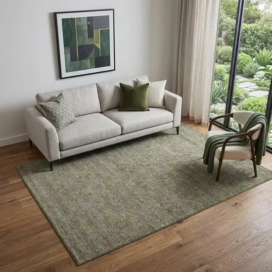 Olive Green And Beige Floral Washable Area Rug With UV Protection Photo 1