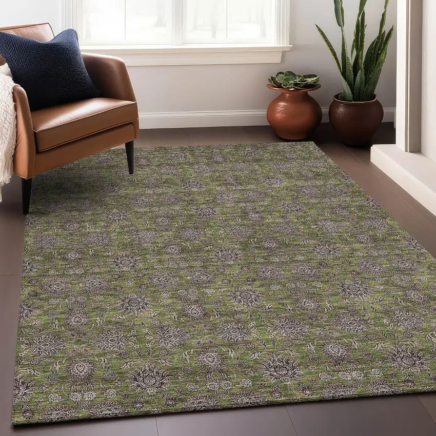 Olive Green And Beige Floral Washable Area Rug With UV Protection Photo 4