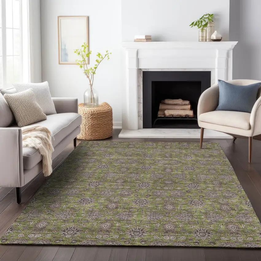 Olive Green And Beige Floral Washable Area Rug With UV Protection Photo 5