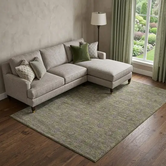 Olive Green And Beige Floral Washable Area Rug With UV Protection Photo 1