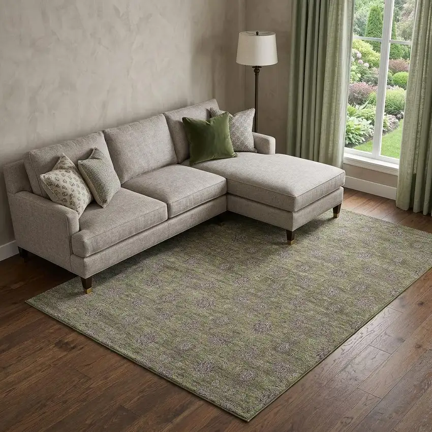 Olive Green And Beige Floral Washable Area Rug With UV Protection Photo 1