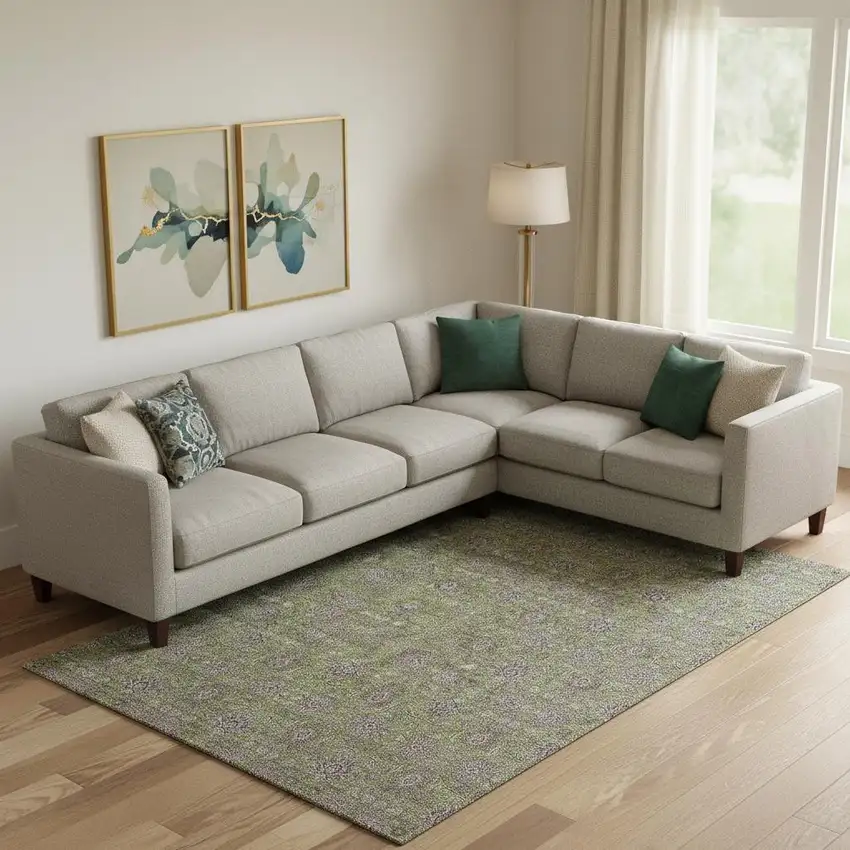 Olive Green And Beige Floral Washable Area Rug With UV Protection Photo 1