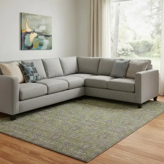 Olive Green And Beige Floral Washable Area Rug With UV Protection Photo 1