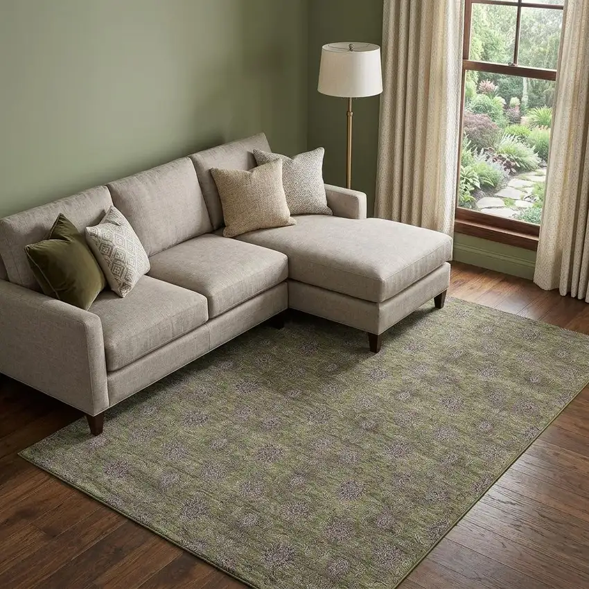 Olive Green And Beige Floral Washable Area Rug With UV Protection Photo 1