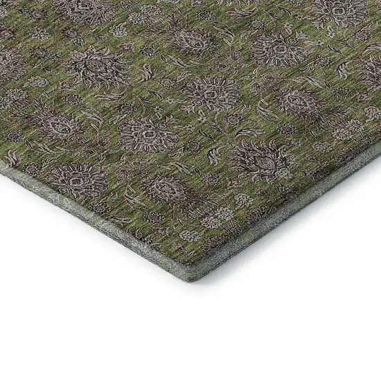 Olive Green And Beige Floral Washable Area Rug With UV Protection Photo 7