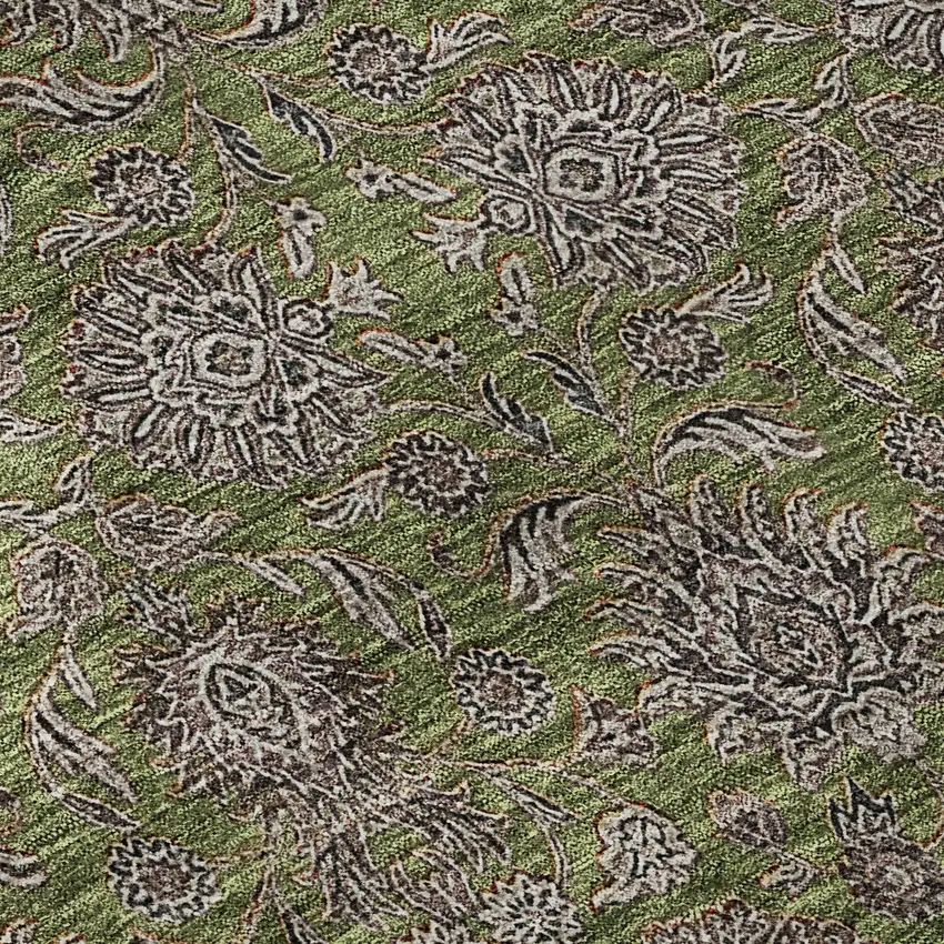 Olive Green And Beige Floral Washable Area Rug With UV Protection Photo 8