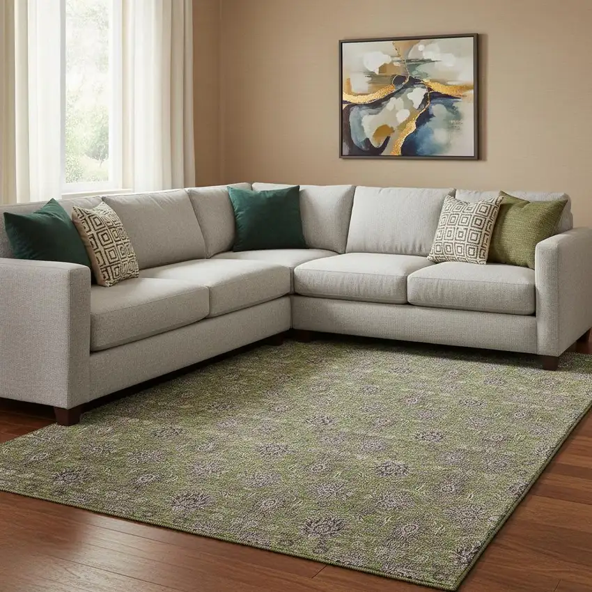 Olive Green And Beige Floral Washable Area Rug With UV Protection Photo 1