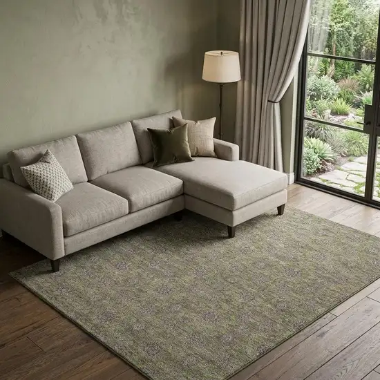 Olive Green And Beige Floral Washable Area Rug With UV Protection Photo 1