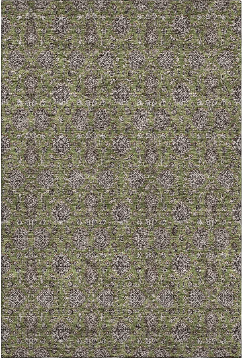 Olive Green And Beige Floral Washable Area Rug With UV Protection Photo 2