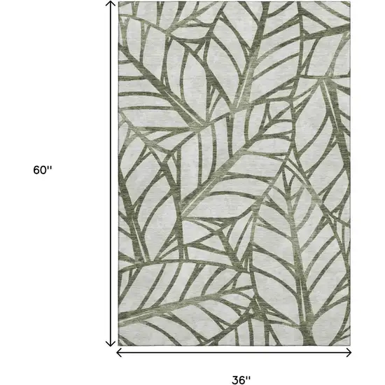 Olive Green And Beige Floral Washable Area Rug With UV Protection Photo 3