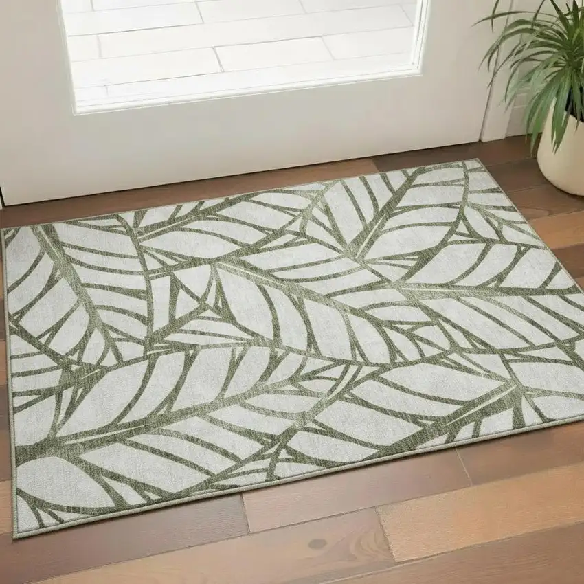 Olive Green And Beige Floral Washable Area Rug With UV Protection Photo 1