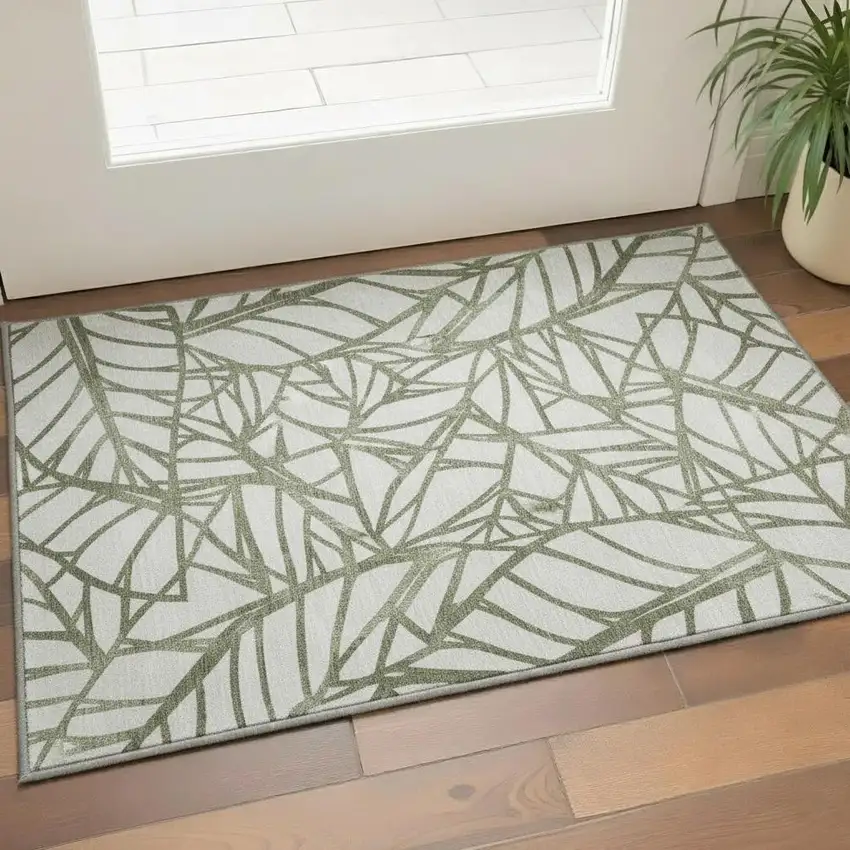 Olive Green And Beige Floral Washable Area Rug With UV Protection Photo 2