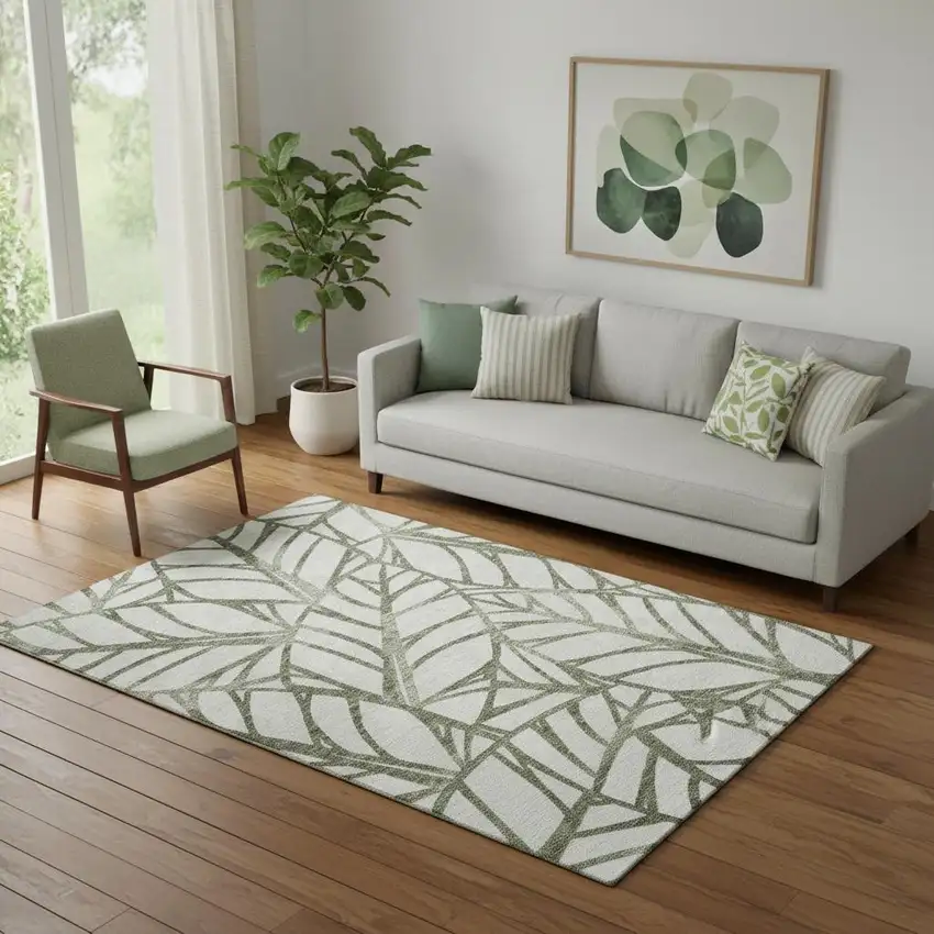 Olive Green And Beige Floral Washable Area Rug With UV Protection Photo 1