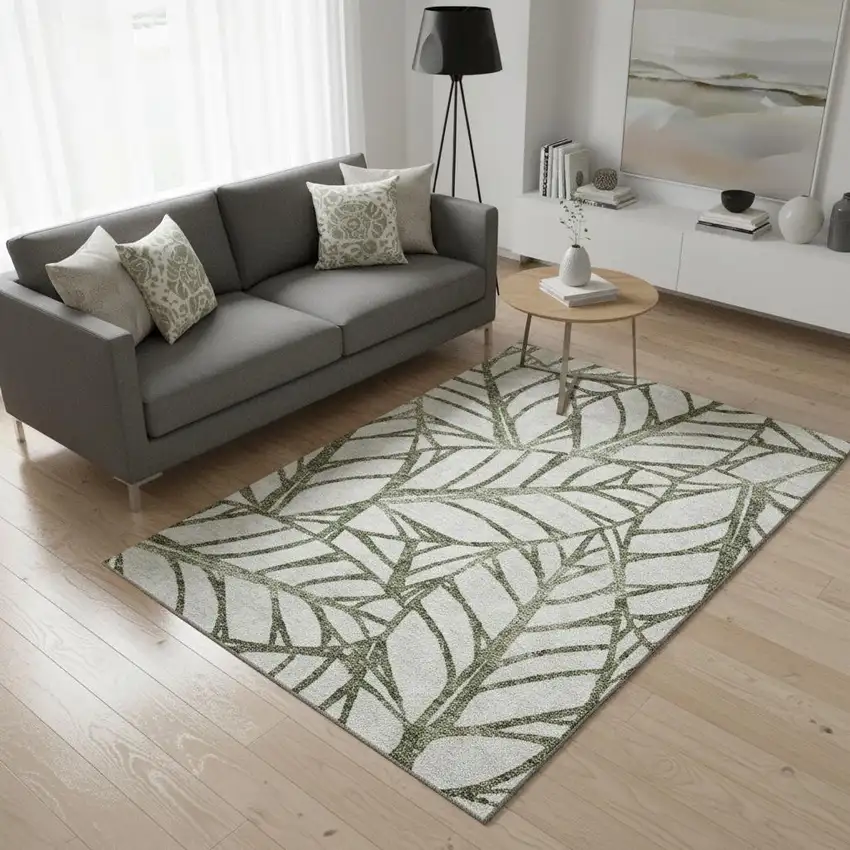 Olive Green And Beige Floral Washable Area Rug With UV Protection Photo 2